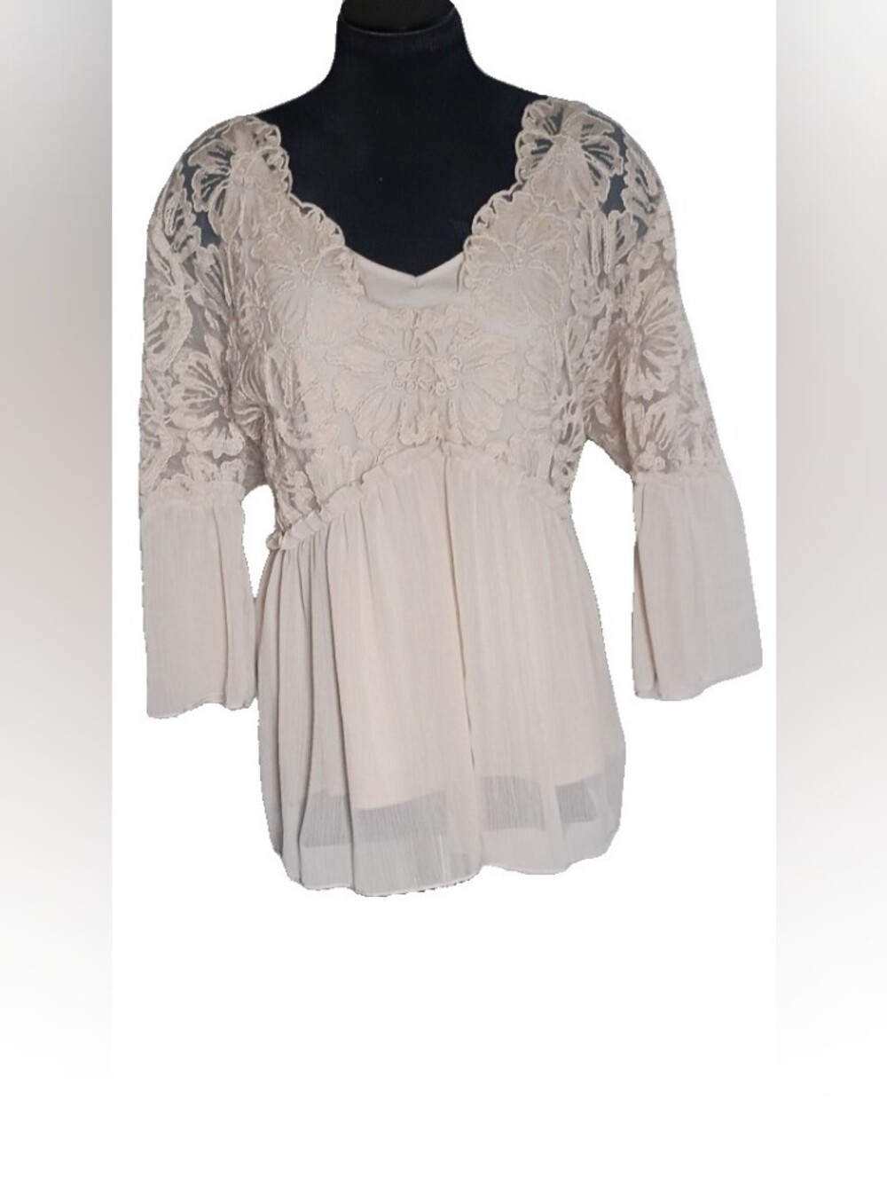 Cato Cream Lace Yoke Pleated Peasant Blouse - Picture 2 of 9